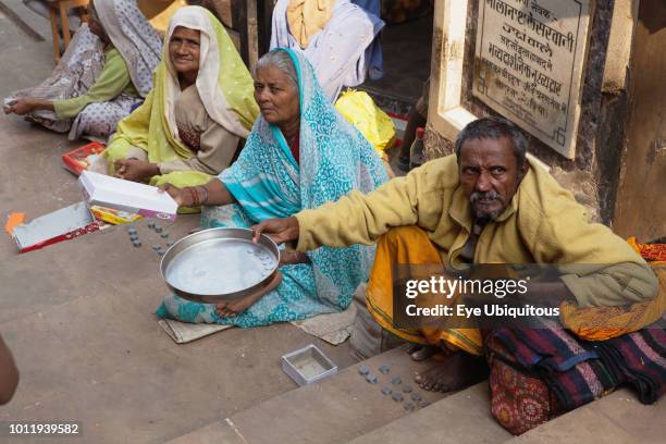 India, Uttar Pradesh, Ayodhya, Beggars at the Hanuman Garhi Mandir Temple.