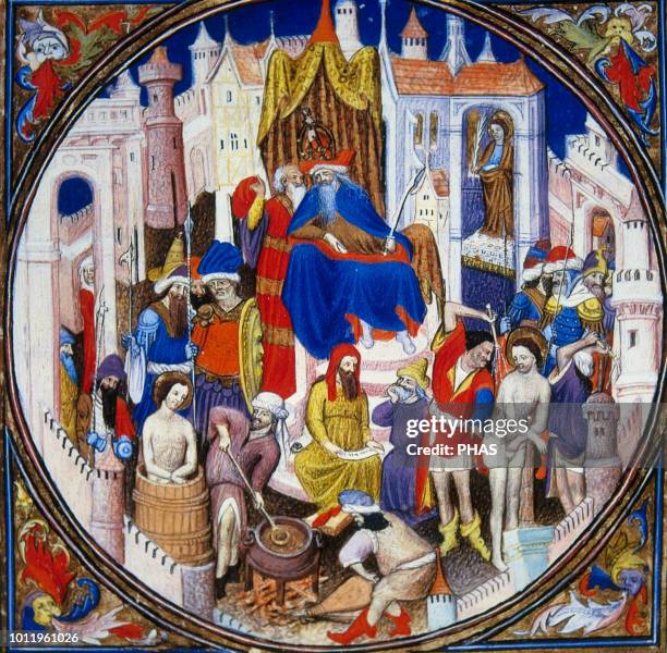 Martyrdom of Saint John. He was boiled in huge basin of boiling oil during persecution in Rome. He was mircaculously delivered from death. Miniature,...