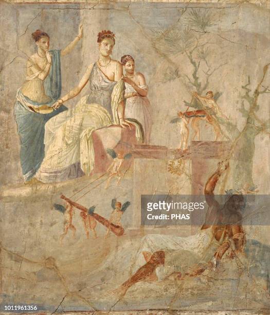 Roman fresco depicting Heracle and Omphale. 1-79 AD. Third Pompeian Style. Pompeii. National Archaeological Museum, Naples, Italy.