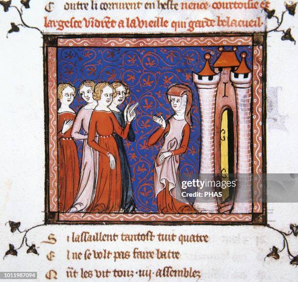 Poem 'Le Roman de la Rose'. 13th century. Miniature depicting the Abstinence, Courtesy, Fiction and Generosity before the castle where Belacueil is...