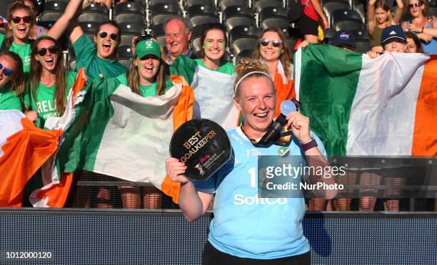 McFERRAN Ayeisha of Ireland celebrates with Best Goalkeeper of the tournament Trophy and her Silver Medal during FIH Hockey Women's World Cup 2018...
