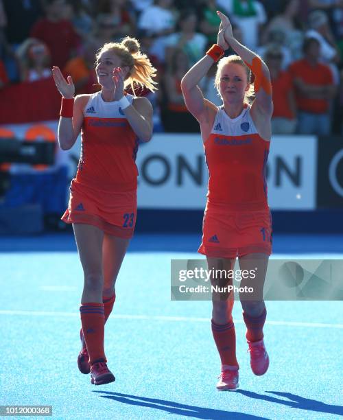 Van GEFFEN Margot and van den ASSEM Ireen of Netherlands celebrates they win during FIH Hockey Women's World Cup 2018 Day 14 match Final game 36...