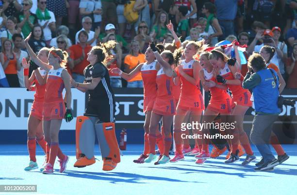 Netherlands players celebrates they win during FIH Hockey Women's World Cup 2018 Day 14 match Final game 36 between Netherlands and Ireland at Lee...