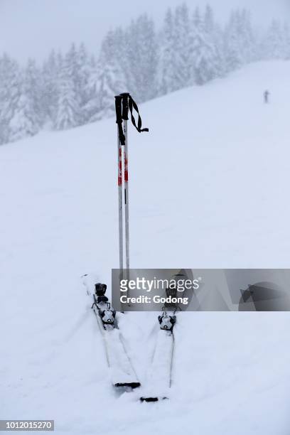 French Alps. Pair of skis in snow. Saint-Gervais. France.