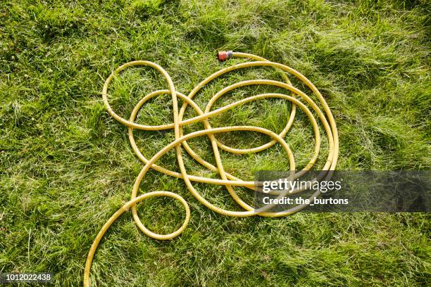 high angle view of yellow garden hose on meadow - manguera fotografías e imágenes de stock