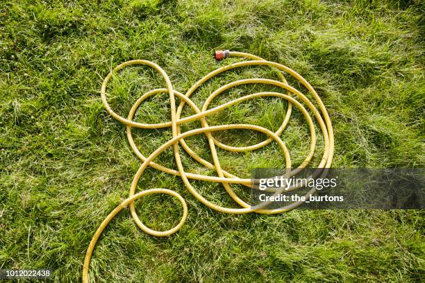 high angle view of yellow garden hose on meadow - tuinslang stockfoto's en -beelden