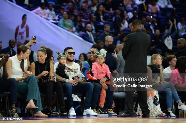 South African hip hop artist AKA with daughter Kairo Owethu Forbes and Rapper Da L.E.S and daughter Madison during the NBA Africa Game 2018 at Sun...