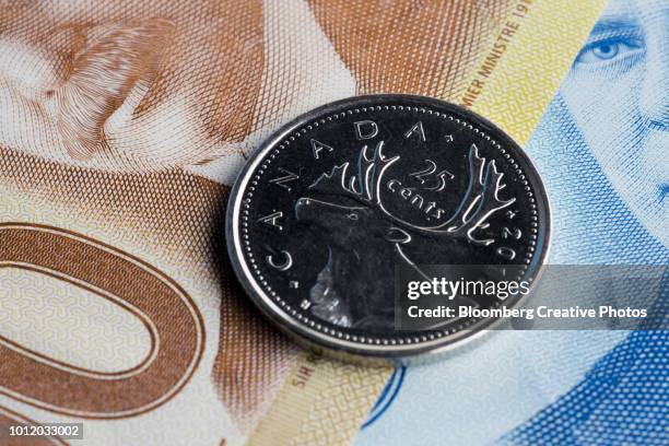 a canadian twenty-five cent coin and banknotes - twenty five cent coin stockfoto's en -beelden