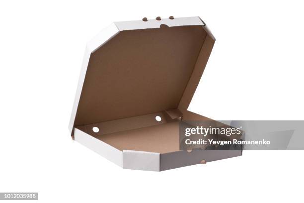 open white pizza box template on white background - kartonverpackung stock-fotos und bilder