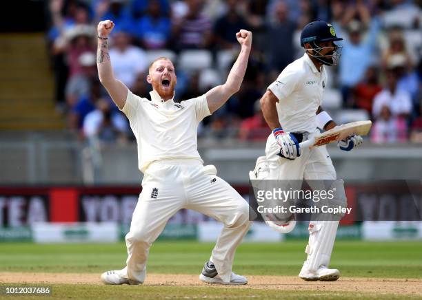 Ben Stokes of England celebrates dismissing India captain Virat Kohli during day four of the Specsavers 1st Test match between England and India at...
