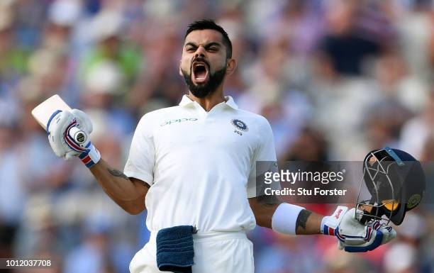 India batsman Virat Kohli celebrates his century during day two of the First Specsavers Test Match between England and India at Edgbaston on August...