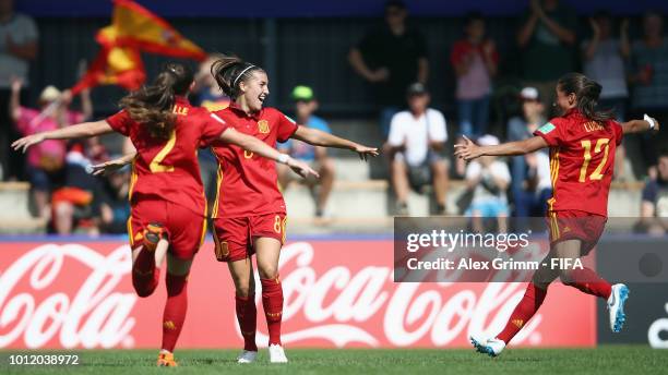 Patricia Guijarro of Spain celebrates her team's first goal with team mates during the FIFA U-20 Women's World Cup France 2018 group C match between...