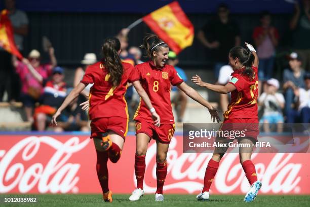 Patricia Guijarro of Spain celebrates her team's first goal with team mates during the FIFA U-20 Women's World Cup France 2018 group C match between...