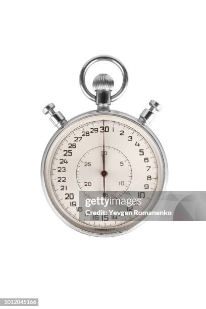 chrome stopwatch at start position over white background - stop watch stock pictures, royalty-free photos & images