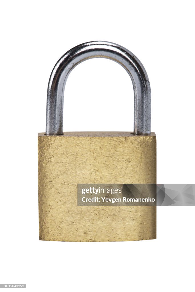 Metal padlock on white background