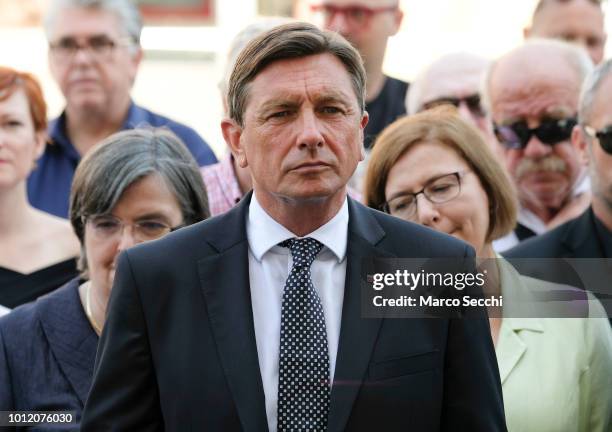 President of the Republic of Slovenia Borut Pahor stands ahead of the laying of a 'Stolpersteine' in the city centre to remember the Slovenian Jews...