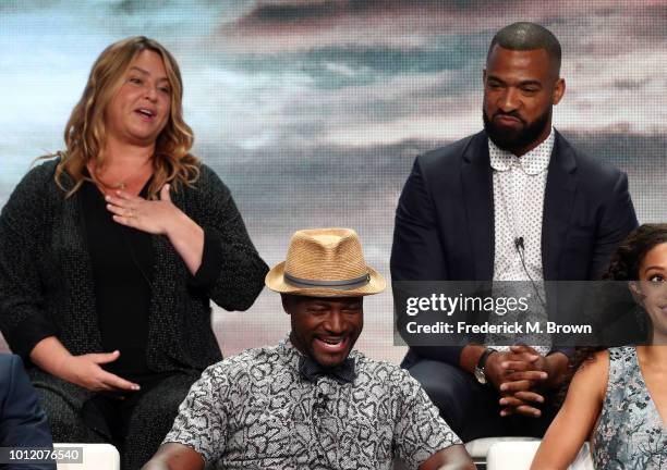 April Blair and Spencer Paysinger and Taye Diggs from "All American" speak onstage at the CW Network portion of the Summer 2018 TCA Press Tour at The...