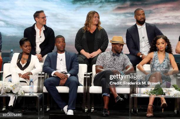 Greg Berlanti, April Blair, Spencer Paysinger, , Bre-Z, Daniel Ezra, Taye Diggs, and Samantha Logan "All American" speak onstage at the CW Network...