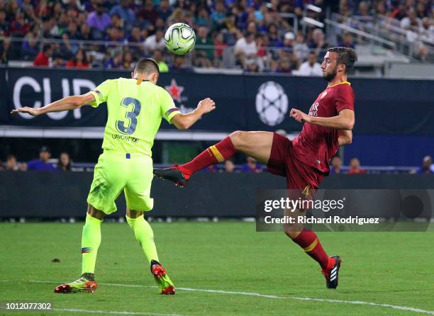 Jorge Cuneca of FC Barcelona and Bryan Christante of AS Roma battle for the ball during the International Champions Cup match at AT&T Stadium on July...