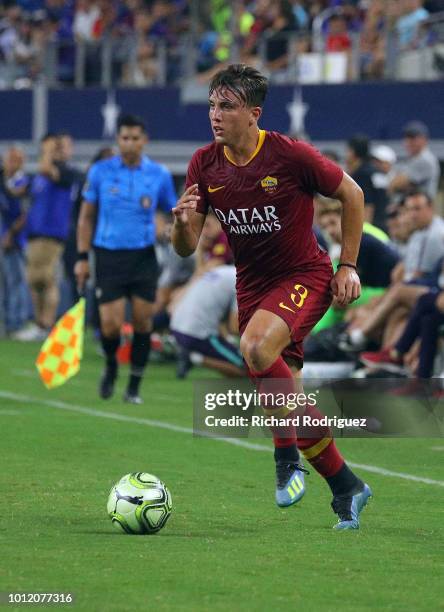 Luca Pellegrini of AS Roma handles the ball in the second half of the International Champions Cup match against FC Barcelona at AT&T Stadium on July...
