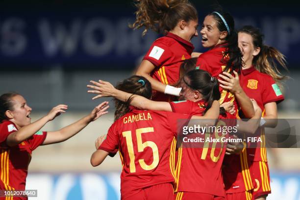 Patricia Guijarro of Spain celebrates her team's fourth goal with team mates during the FIFA U-20 Women's World Cup France 2018 group C match between...