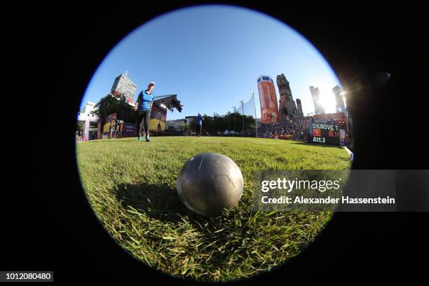 The shot put ball of Toma Djurovic is seen after his throw in the Shot Put Men qualification on the qualification day ahead of the 24th European...