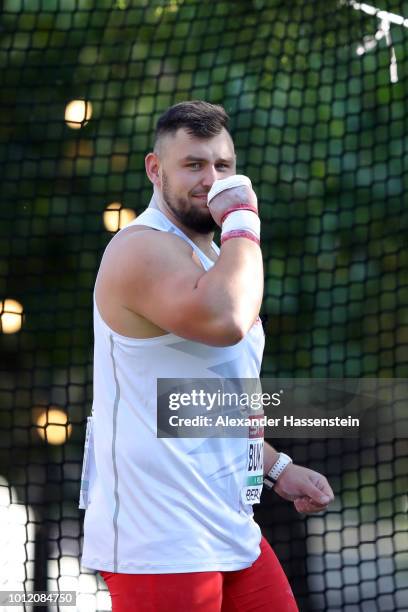 Konrad Bukowiecki of Poland reacts after his throw in the Shot Put Men qualification on the qualification day ahead of the 24th European Athletics...