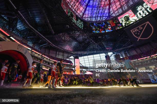 Team entrance during 2018 MLS All-Star Game: Juventus v MLS All-Stars at Mercedes-Benz Stadium on August 1, 2018 in Atlanta, Georgia.