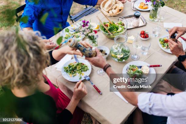 mature friends having a dinner outdoor. - couple grilling stock pictures, royalty-free photos & images