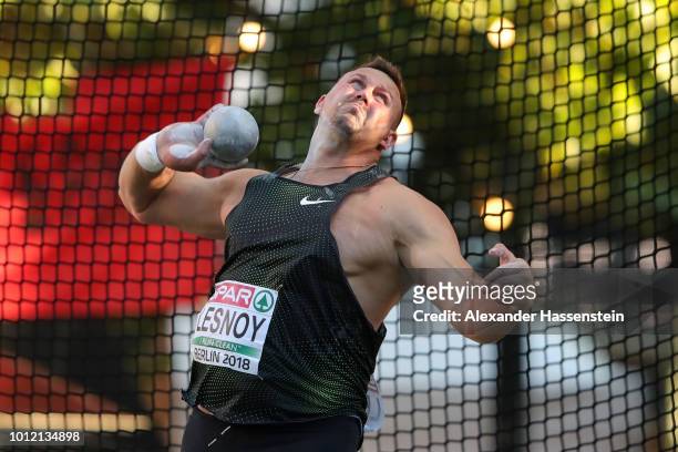Aleksandr Lesnoy of Authorised Neutral Athletes competes in the Shot Put Men qualification on the qualification day ahead of the 24th European...