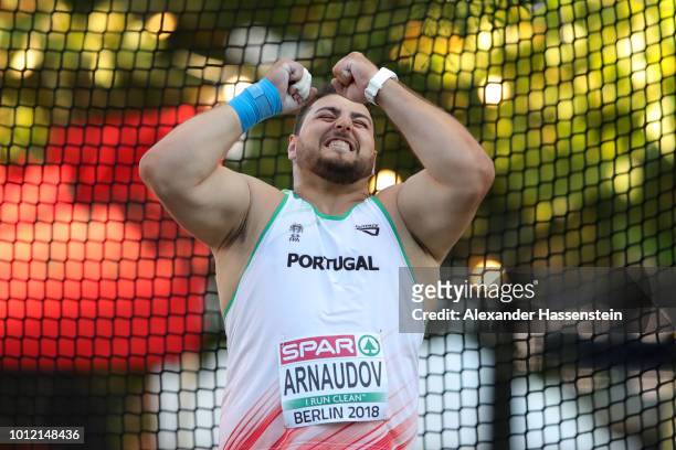 Tsanko Arnaudov of Portugal reacts when competing in the Shot Put Men qualification on the qualification day ahead of the 24th European Athletics...