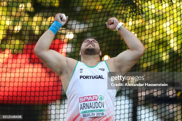 Tsanko Arnaudov of Portugal reacts when competing in the Shot Put Men qualification on the qualification day ahead of the 24th European Athletics...