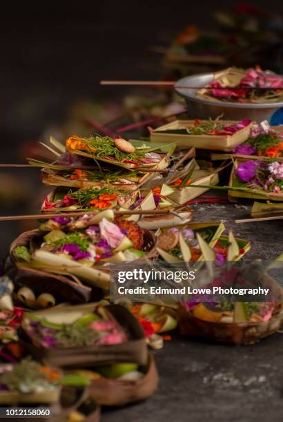 colorful and elaborate balinese hindu offerings. - incense stock pictures, royalty-free photos & images