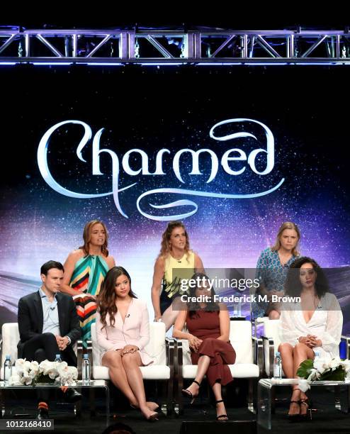 Jessica O'Toole, Jennie Snyder Urman, Amy Rardin Rupert Evans, Sarah Jeffery, Melonie Diaz, and Madeleine Mantock from "Charmed" speaks onstage at...