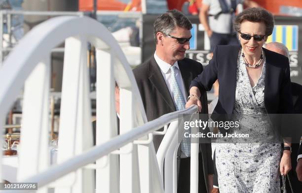 Princess Anne, Princess Royal, Admiral of the Royal London Yacht Club and Sir Timothy Laurence are seen during the Royal London Yacht Club Champagne...