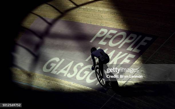 General view during the Women's Omnium Women Elimination race during the track cycling on Day five of the European Championships Glasgow 2018 at Sir...