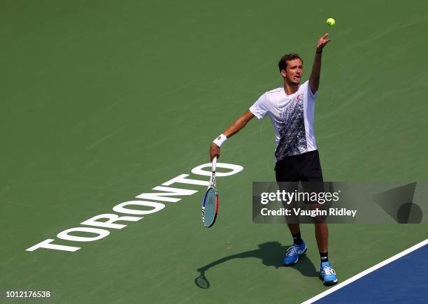 Daniil Medvedev of Russia serves against Jack Sock of the United States during a 1st round match on Day 1 of the Rogers Cup at Aviva Centre on August...