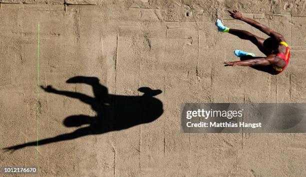 Jean Marie Okutu of Spain competes in the Long Jump Men qualification on the qualification day ahead of the 24th European Athletics Championships at...