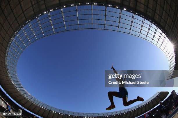 Yann Randrianasolo of France competes in the Long Jump Men qualifiction day ahead of the 24th European Athletics Championships at Olympiastadion on...