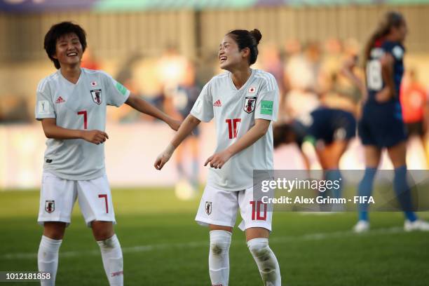 Honoka Hayashi of Japan celebrates her team's first goal with team mate Fuka Nagano during the FIFA U-20 Women's World Cup France 2018 group C match...