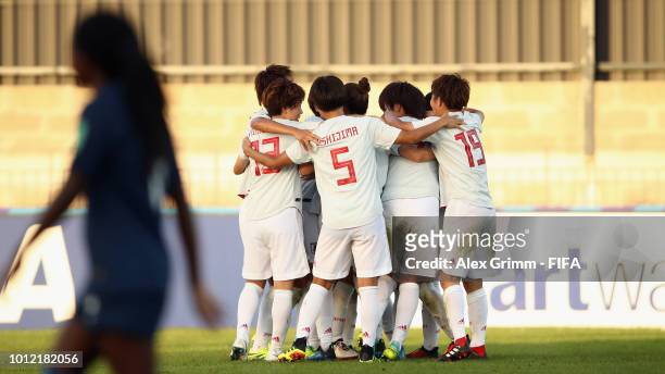 Honoka Hayashi of Japan celebrates her team's first goal with team mates during the FIFA U-20 Women's World Cup France 2018 group C match between USA...