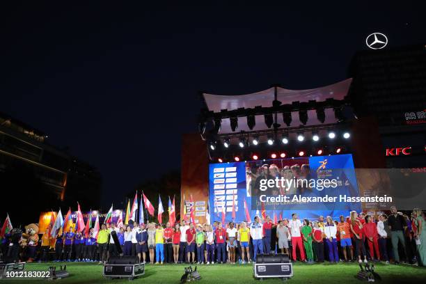 General view as athletes line up during the Opening Ceremony ahead of the 24th European Athletics Championships at Olympiastadion on August 6, 2018...