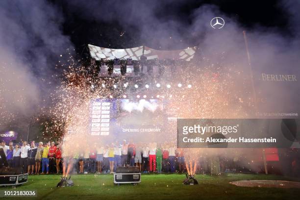 General view as athletes line up during the Opening Ceremony ahead of the 24th European Athletics Championships at Olympiastadion on August 6, 2018...