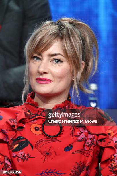 Mädchen Amick from "Riverdale" speaks onstage at the CW Network portion of the Summer 2018 TCA Press Tour at The Beverly Hilton Hotel on August 6,...