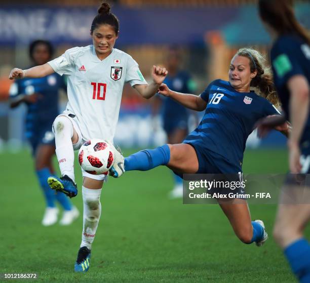 Fuka Nagano of Japan is challenged by Jaelin Howell of the United States during the FIFA U-20 Women's World Cup France 2018 group C match between USA...