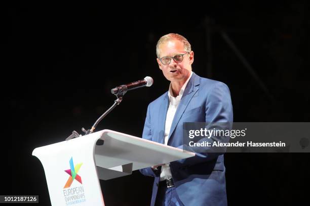 Michael Müller, Governing Mayor of Berlin speaks during the Opening Ceremony ahead of the 24th European Athletics Championships at Olympiastadion on...