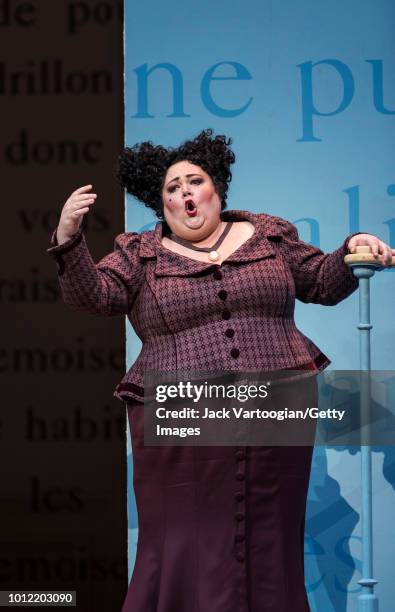 American mezzo-soprano Stephanie Blythe performs at the final dress rehearsal prior to the Metropolitan Opera premiere of Laurent Pelly's production...