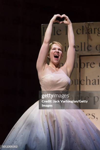 American mezzo-soprano Joyce DiDonato takes a bow after performing at the final dress rehearsal prior to the Metropolitan Opera premiere of Laurent...