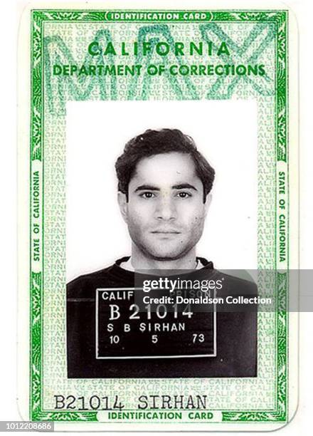 Sirhan Sirhan, who assassinated Robert F. Kennedy in June 1968, is seen above in a 1973 California Department of Corrections identification card.