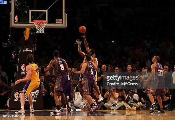 Ron Artest of the Los Angeles Lakers shoots the game winning shot against the Phoenix Suns in the final moments of the fourth quarter of Game Five of...